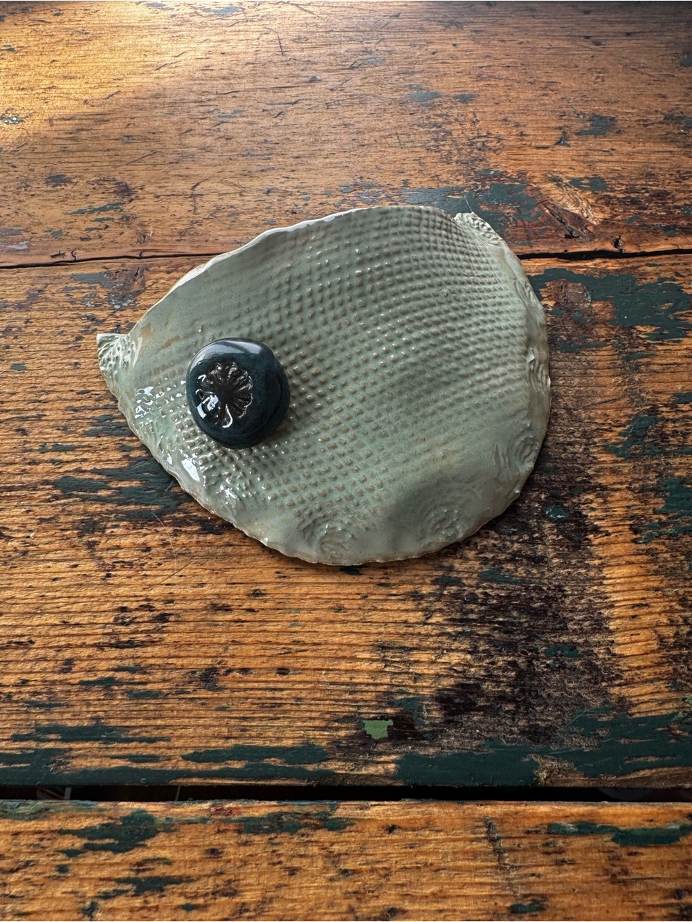 Handcrafted Green Ceramic Wall Pocket with Accent Button